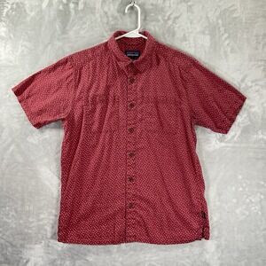Patagonia Shirt men's Medium Button Up Hemp Organic Cotton Red AOP Short Sleeve